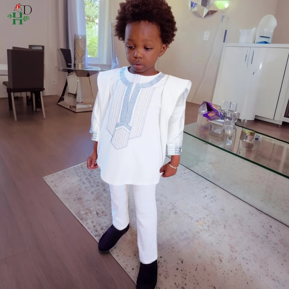 H&D 2025 African Tradition Clothes For Kids Boys White Blue Long Sleeve Tops Embroidery Dashiki Robe Shirt Pant Child Set 3 PCS