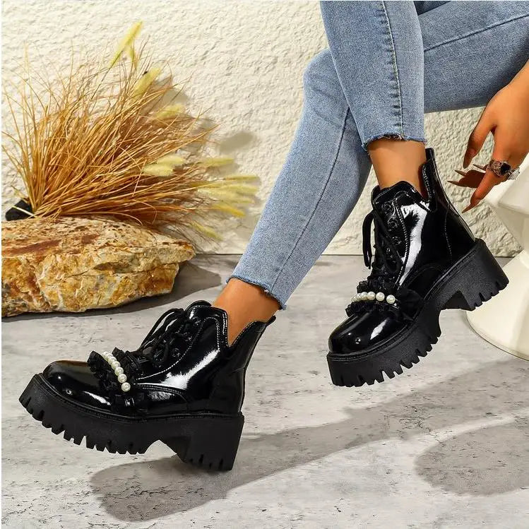 Black Platform Casual Women's Ankle Boots 2025 New Designer Autumn Winter British Style Boots Shoes for Women Botas De Mujer
