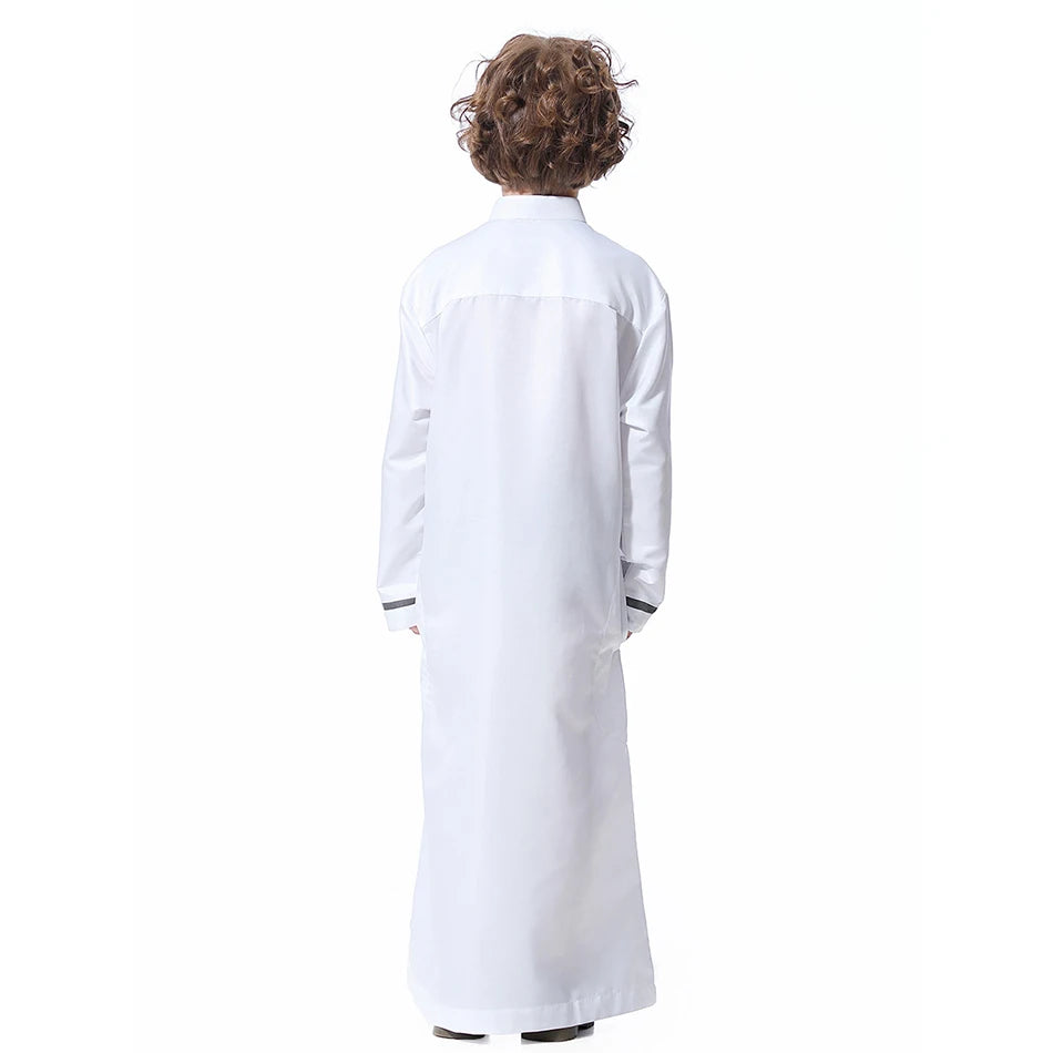 Ramadan Eid Islamic Boys Long Robe Children Traditional Arab Thobe Thawb Caftan Solid Color Long Sleeve Stand Collar with Pocket