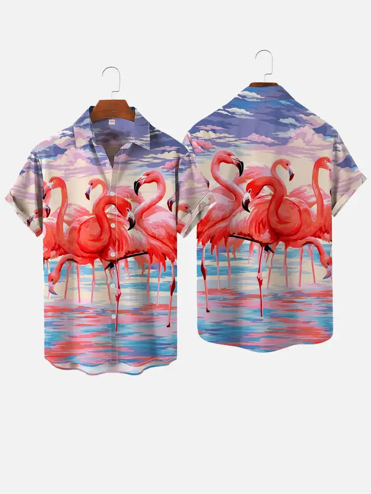 Summer Flamingo Print Shirts Casual Polo Collar Men's Shirt Fashion Animal Print Shirt Hawaiian Beach Style Shirt 3D Print Shirt