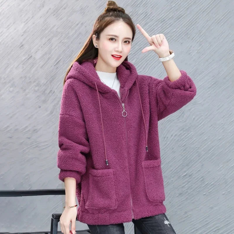 Lamb Velvet Hoodie Women's Thickened Fleece Teddy Velvet Loose Autumn Winter Korean Style Zipper Cardigan 082