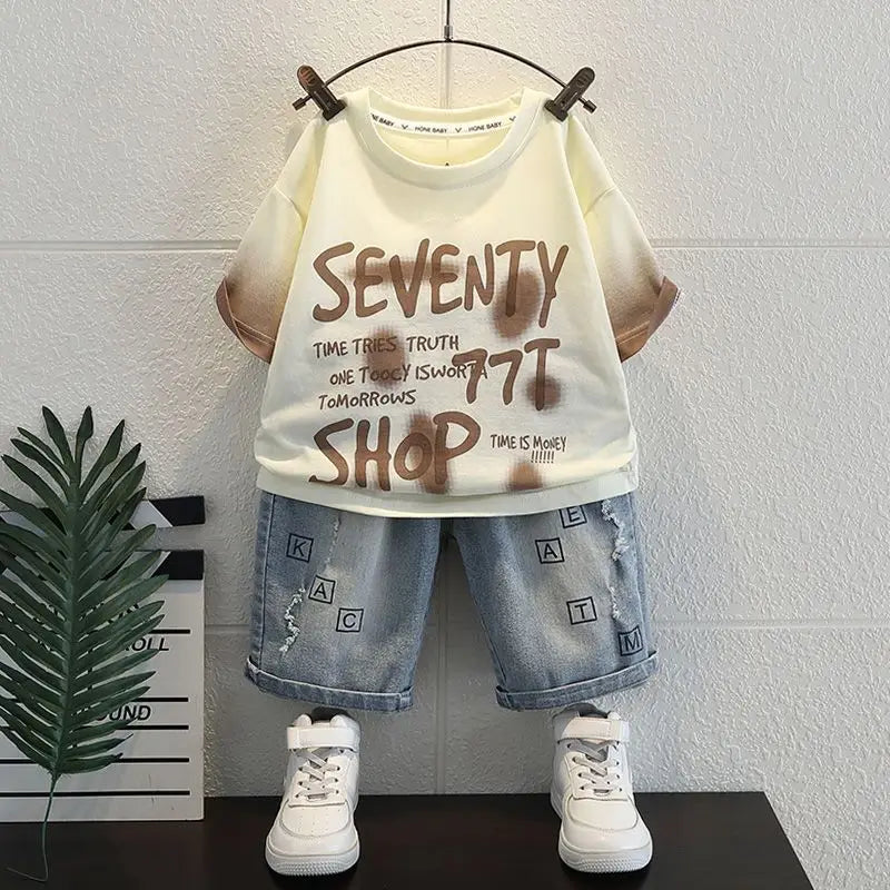 Korean Baby Boys Summer Sets Children's Clothing Short-Sleeved Letter T-Shirt & Denim Shorts Kids Boys Outfits Clothes 2-11Y