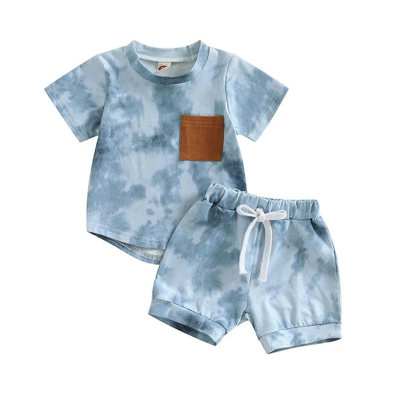 Summer Fashion Baby Boys Suit Tie-dye Print Short Sleeve Crew Neck T-shirt + Elastic Waist Shorts 2Pcs Infant Toddler Sets