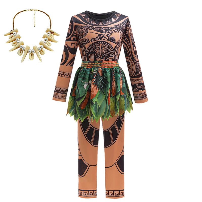 Summer Fancy Girl Princess Moana Dress Halloween Cosplay Carnival Party Primitive Tribes Maui Boys Costume Cartoon Kids Clothes