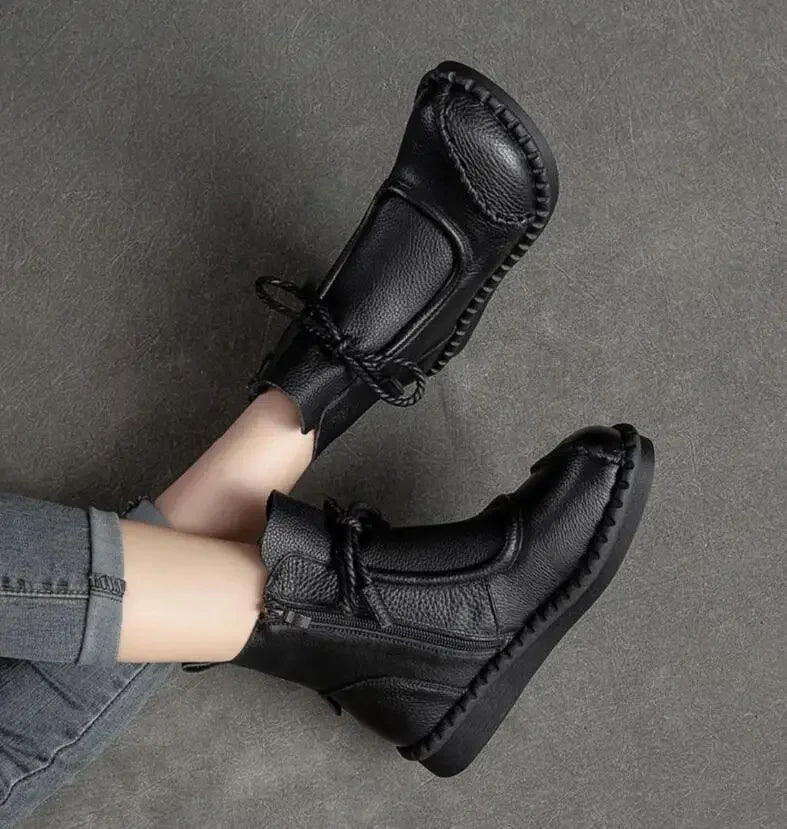 Women's Boots Spring Autumn New Retro Non-Slip Soft Bottom Flat Shoes Comfortable Soft Cowhide Ankle Boots