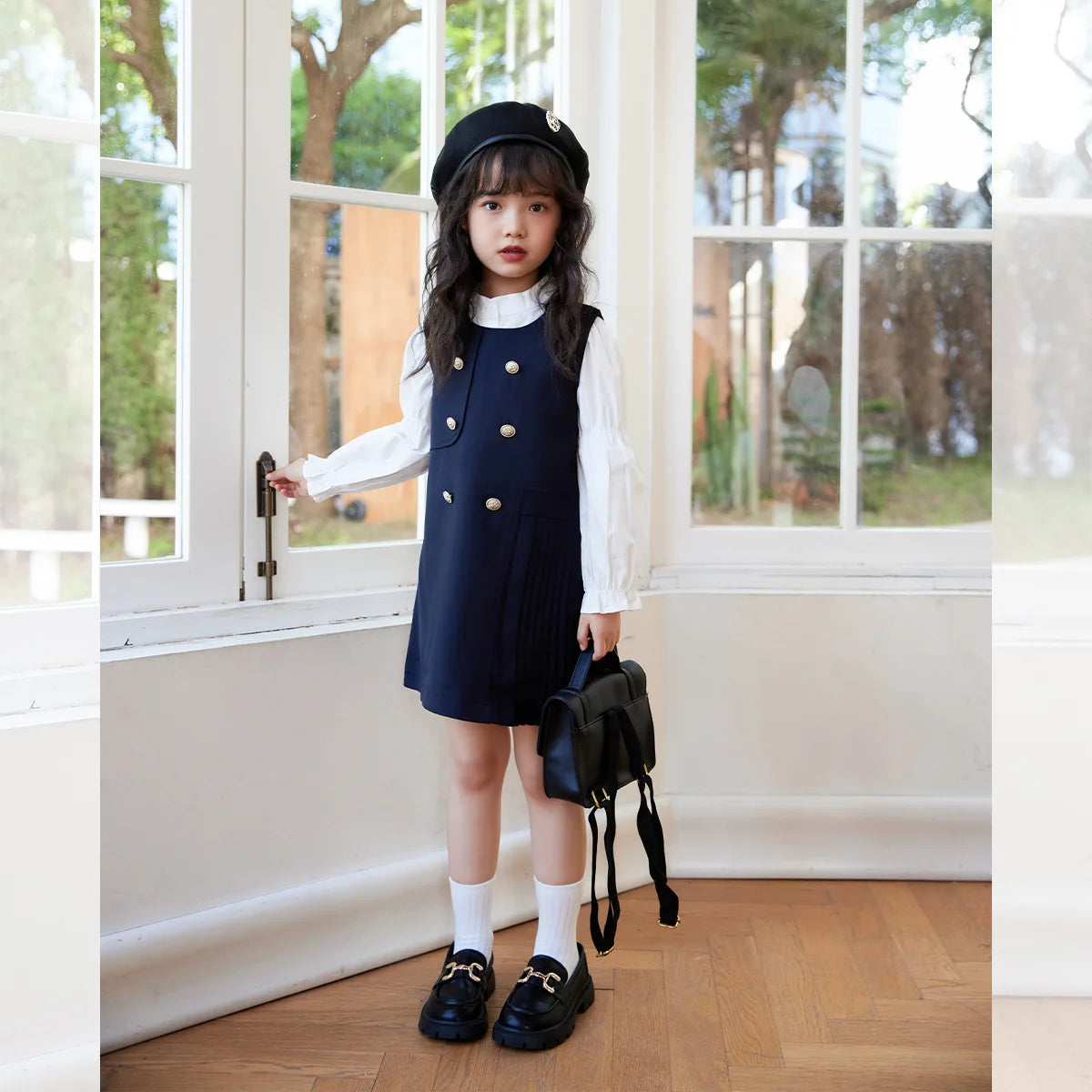 Kids School Dress White 2025 Autumn New Children Long Sleeve Blouse and School Sundress  for 2 To 8 Years Old Girls Clothes Suit