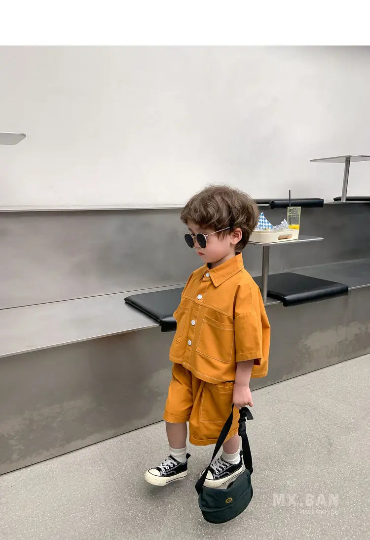 2-9 Y Summer Korean Toddler Boys Baby Handsome Clothes Outfits Kids Boy Cotton Shirt + Shorts 2pcs Sets Fashion Birthday Outfit