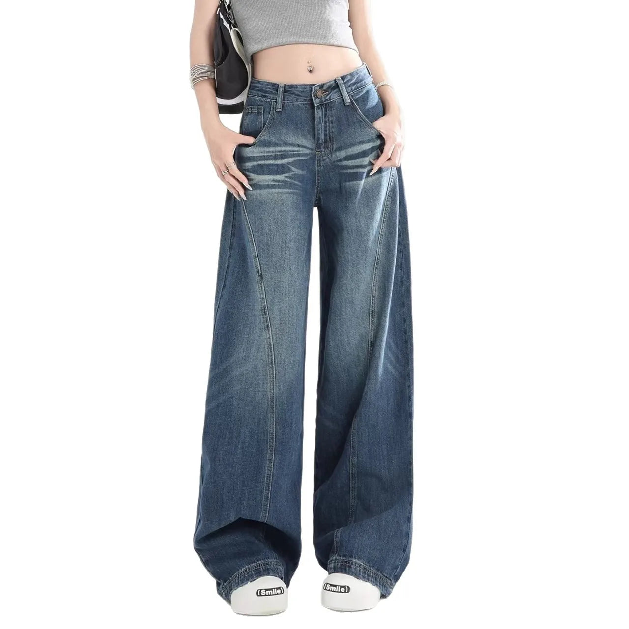 American Retro Deep Blue Wide Leg Denim Jeans Women Summer High Waist Draping Loose Slim Straight Casual Long Trousers