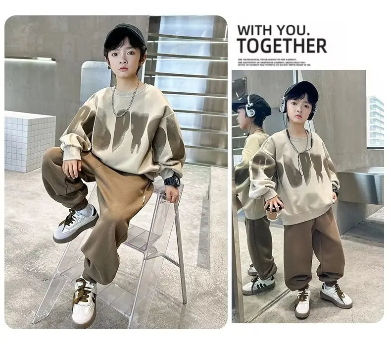 2025  winter autumn Boys Clothes Set cotton loose Sweatshirt hooded + Pants Tracksuits Kids Suit Children 4 8 9 10 11 12 14 Year