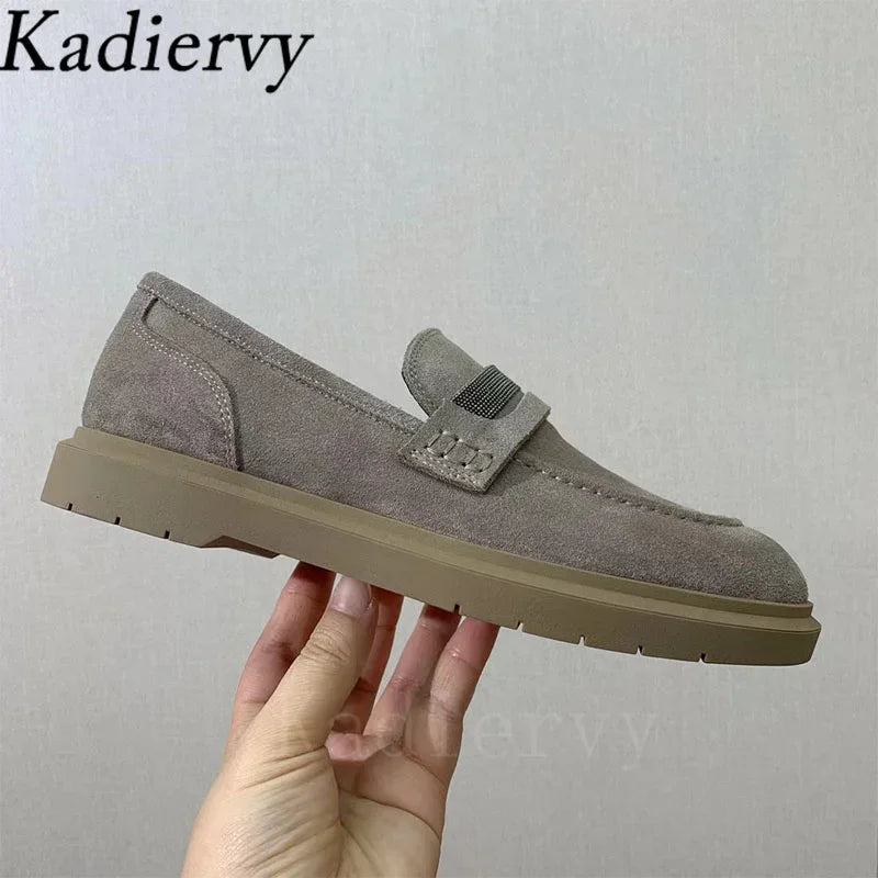 Classics Flat Shoes Women Luxury Cow Suede Chain String Bead Round Toe Slip-on Walk Shoes Female Casual Comfort Loafers Woman