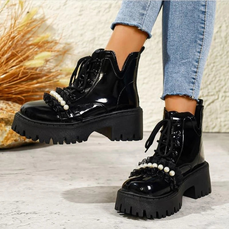 Black Platform Casual Women's Ankle Boots 2025 New Designer Autumn Winter British Style Boots Shoes for Women Botas De Mujer