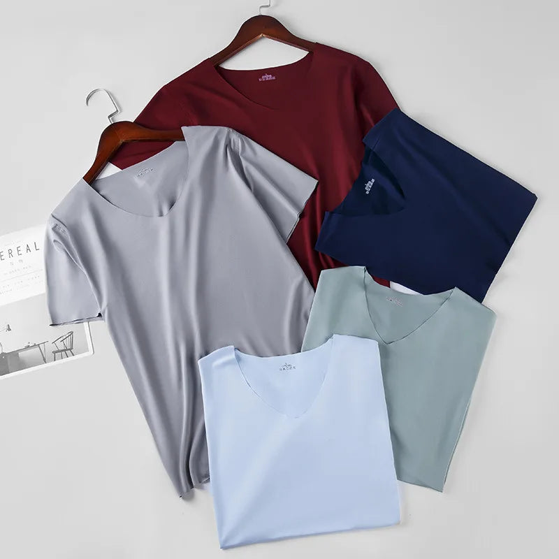 Summer Seamless Breathable Ice Silk T-Shirt Vest Men's Sports Short Sleeve T-shirt Solid Color V-neck Tees Quick Dry Shirt Tops
