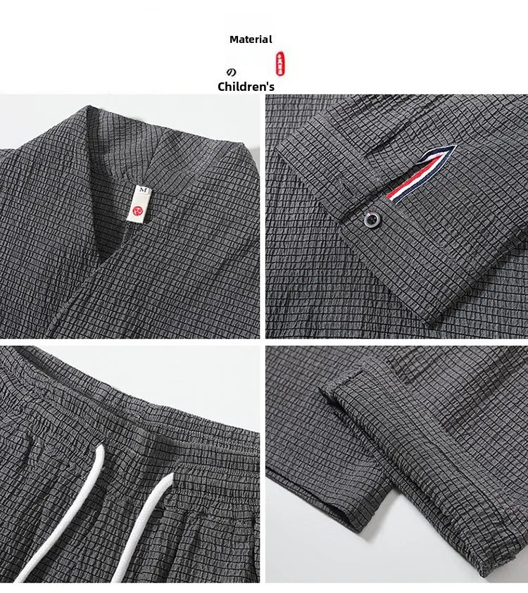 Summer Thin Ice Silk Casual Loose Sve T-irt Two-Piece Set for Young Men Comfortable Breathable Lightweight Long Pants