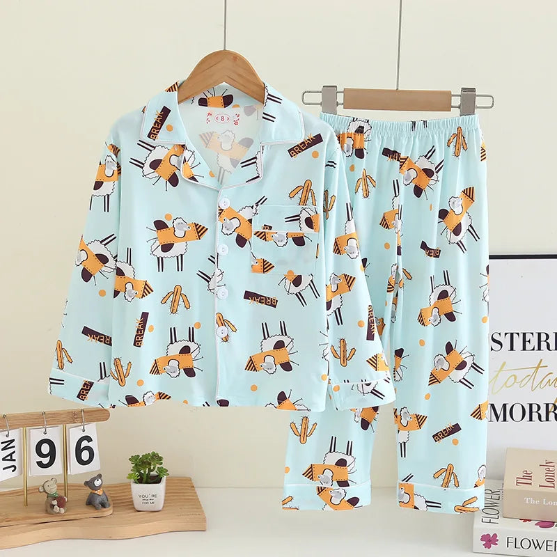 Cartoon New Spring Autumn Children's Pajamas Set Girls Boys Teenagers Stitch Long-sleeved and Pants Outside Home Clothes Set