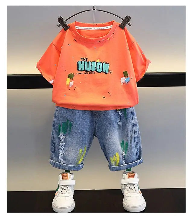 Korean Baby Boys Summer Sets Children's Clothing Short-Sleeved Letter T-Shirt & Denim Shorts Kids Boys Outfits Clothes 2-11Y