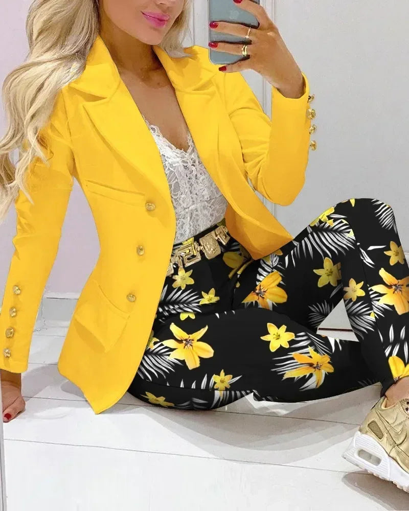 2025 Spring Autumn Two Piece Set Women Office Tracksuits For Ladies Outfits Lapel Collar Double Breasted Blazer Suit Pants Set