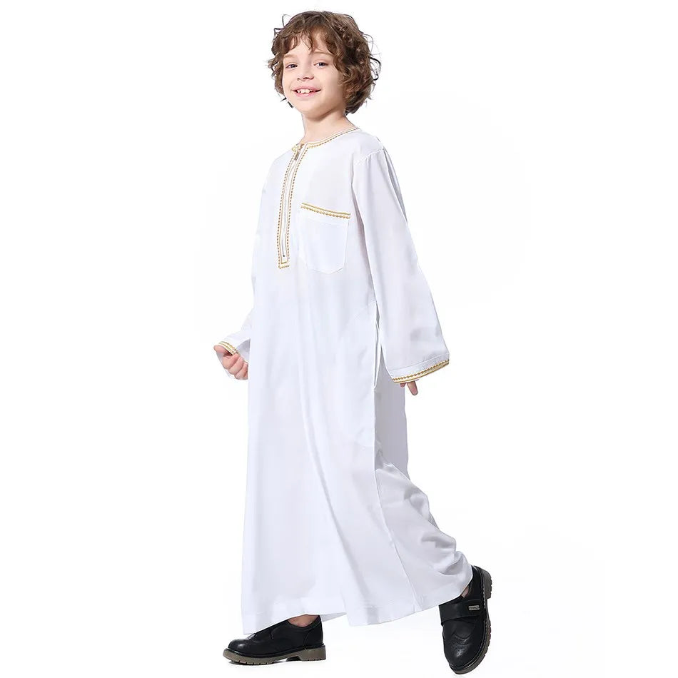2025 New Children Thawb Teens Summer Muslim Robe Kids Arab Folk Clothes Boys Solid Color Thobe 5-14 Years National Outfit
