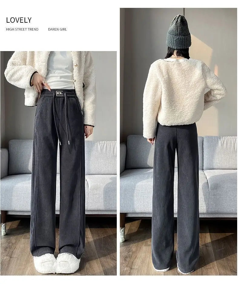 Thickened Fleece Wide Leg Pants Women's Autumn Winter New Style Northeast INS Casual Loose High Rise Straight Leg Trousers