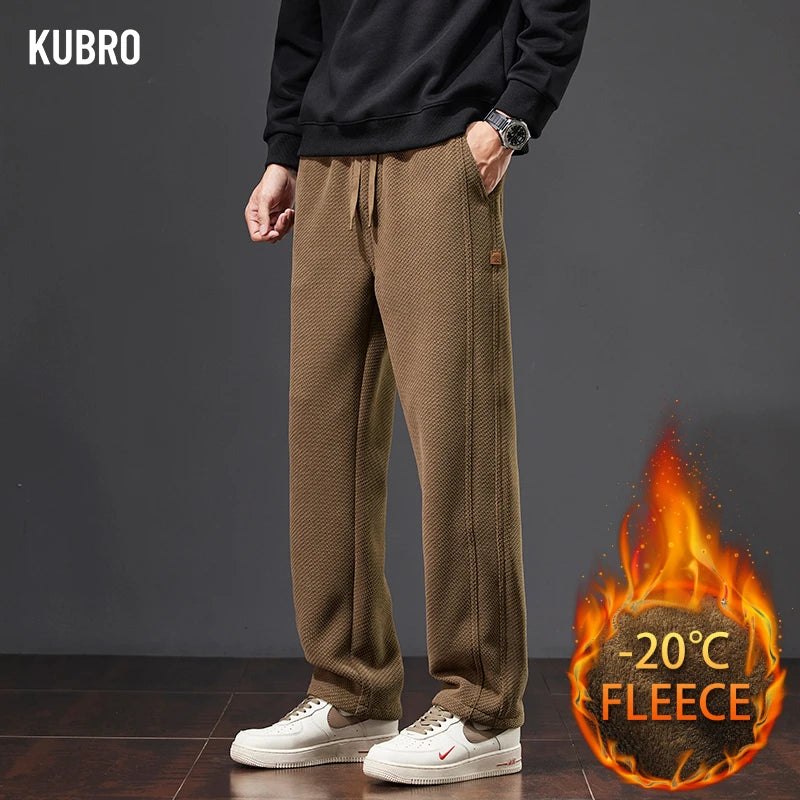 Autumn and Winter Plush Knitted Plaid Comfortable Wide Leg Straight Casual Pants Men Slacks Men's Pants Plush Slacks