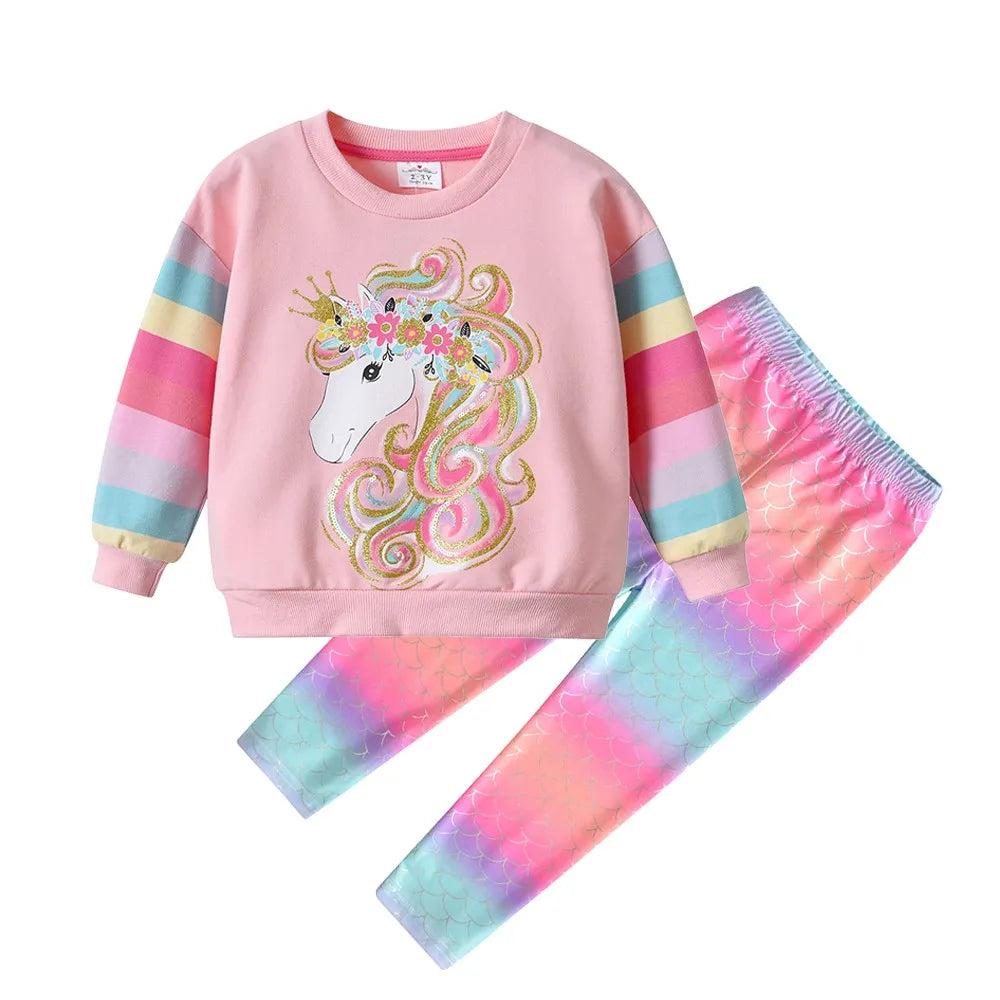 VIKITA Girls Cartoon Pink Outfits Kids Rainbow Striped Cotton Sweatshirt and Colorful Leggings Children Clothing 2 Pcs Sets