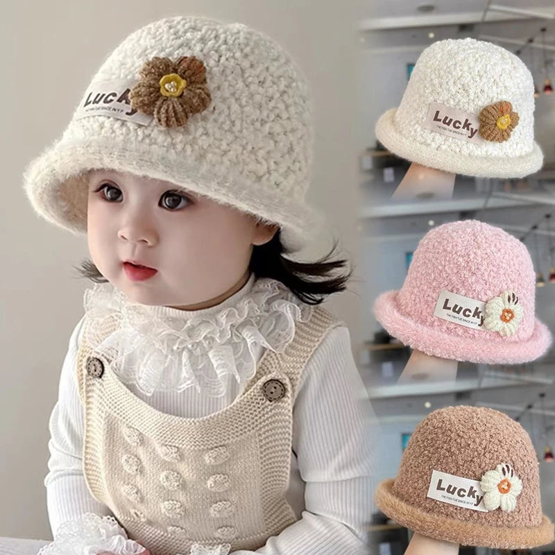Winter Warm Baby Knitted Bucket Hat Sweet Crochet Flower Girls Curled Fisherman Hats 2-8Year Children Thicken Woolen Basin Cap