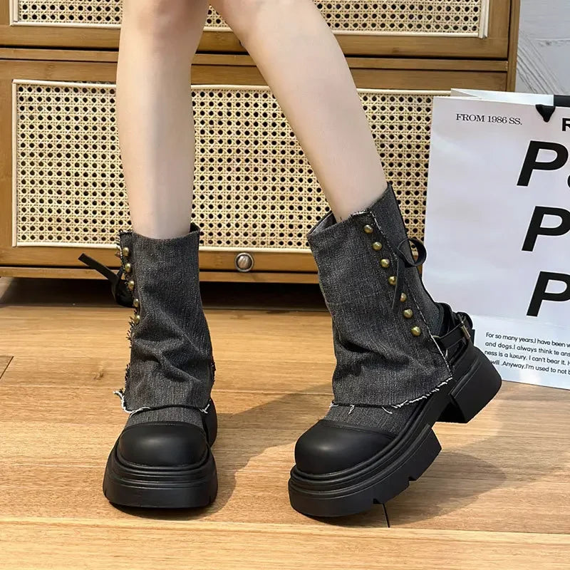 Women Boots British Fashion Pants Leg Boots  New Thick Soled Rivet Zipper Belt Buckle Platform Anti Slip Cowboy Short Boots