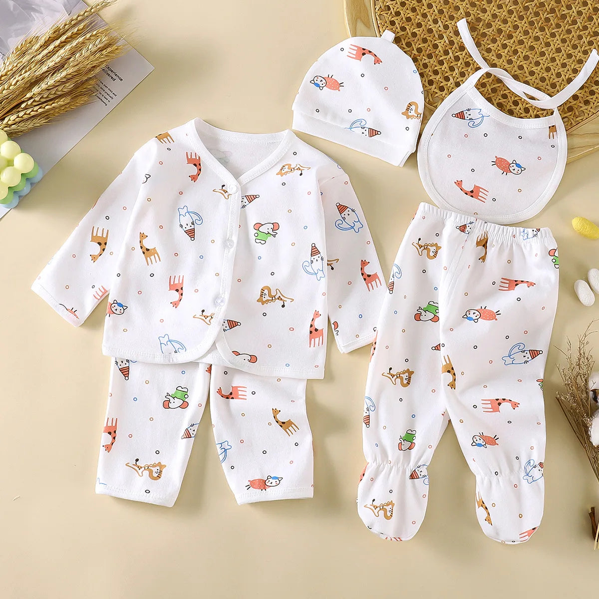 5Pcs/Set Newborn Baby Girl Clothes Set Cotton Soft Underwear Infant Boy Outfit Children Girl Top+2Pant+Bib+Hat Toddler Clothing