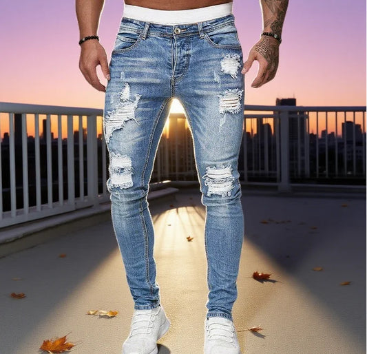 New Men's Ripped Slim Fit Jeans Trendy Stretch Denim Pants Skinny Tapered Jogger Casual Trousers for Men Fashion Pants