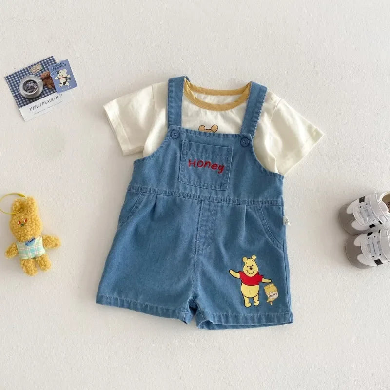 Baby Cartoon 2pcs Set for Summer Winnie Bear Short Sleeve T-shirt Loose Denim Straps Shorts Girl and Boy Clothes Set