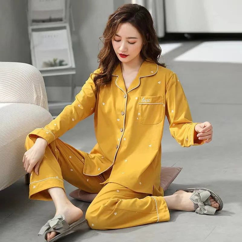 Ladies 100% Pure Cotton Long Sleeve Spring Autumn Lightweight Full Cotton Set Cardigan Sleepwear for Middle-Aged Mothers