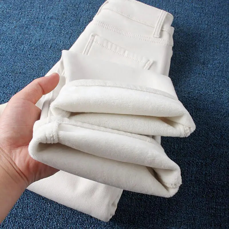 Slimming Fleece Lined Harajuku Style Women's Jeans High Waist Skinny Casual Thickened Cotton Denim Pants Korean Fashion