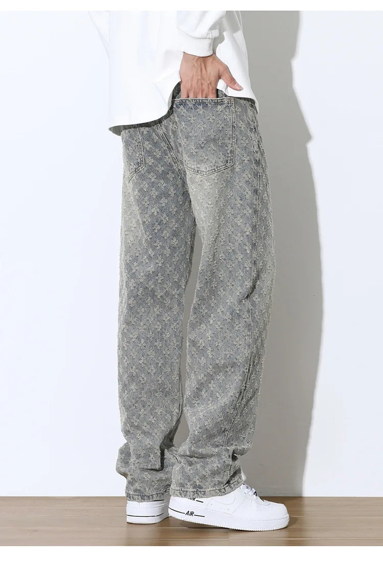 2025 Jacquard Full Print High Street Trendy Brand Ins Design Sense Jeans Loose Straight Tube Washed Wide Leg Long Pants