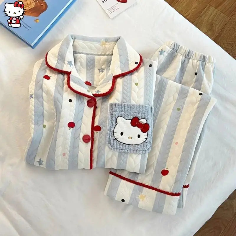 Hot Sanrio Girl Loungewear Set Hello Kitty Anime Kawaii Casual Loose Comfort Air-Layer Fabric 2-Piece Set Children Clothing New