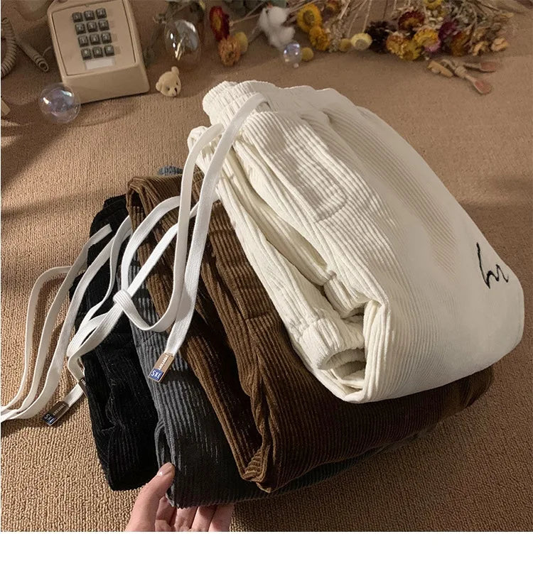 Corduroy Pants for Couples Autumn Winter Loose Fit High Waist Casual Loose Trousers Sports Pants Men Women Trendy Embroidery