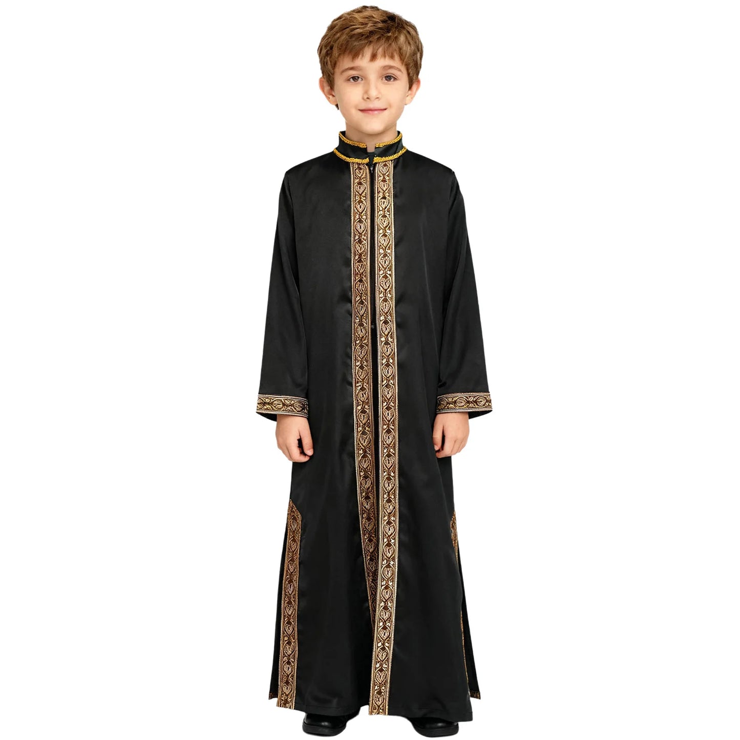 Boys Islamic Robe Kaftans Arab Gown Long Sleeves Slit Zipper Gold Embroidery Maxi Muslim Thobe Kids Festival Holiday Costume