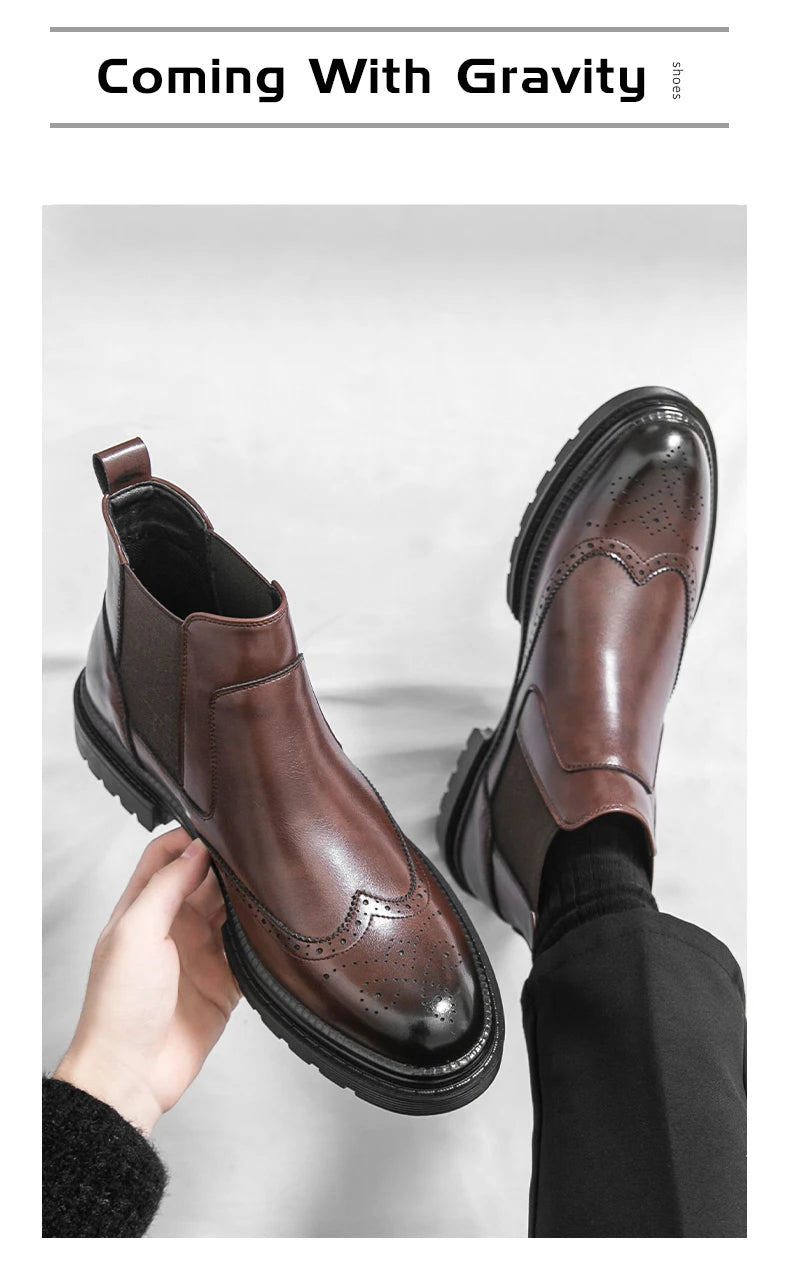 Men's riding boots British-style retro brogue carved high-top leather shoes men's casual leather shoes thick-soled leather boots