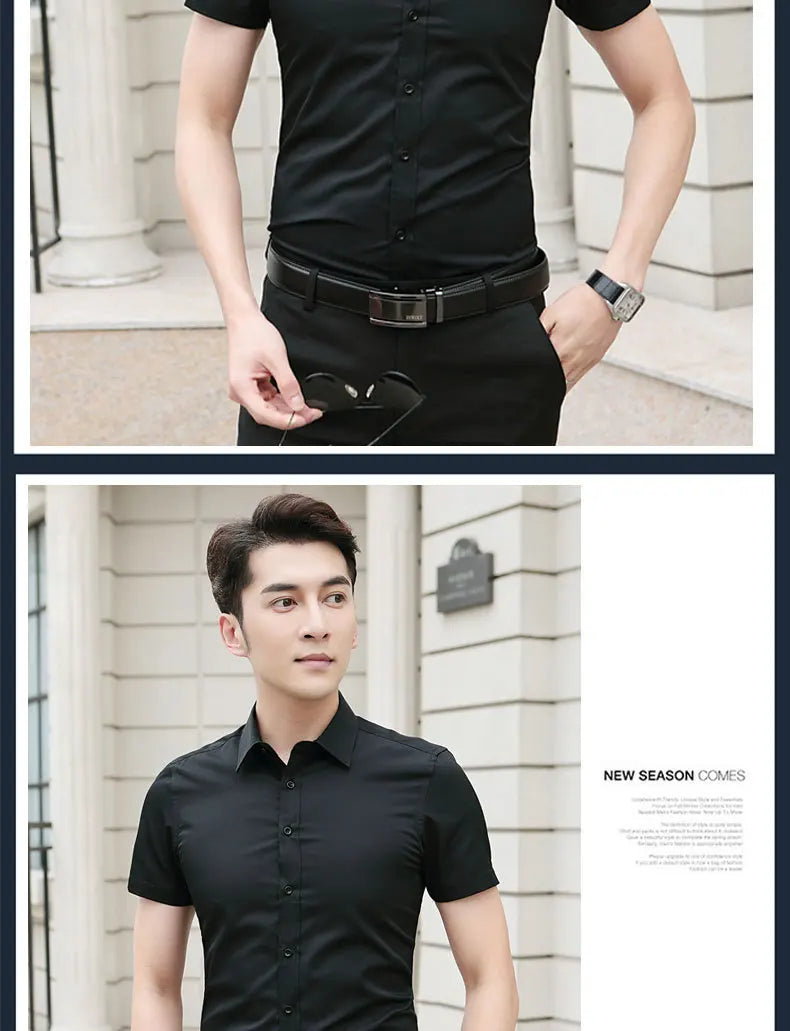 Professional Mens Short Sleeve Shirt White Business Casual Slim Fit Japanese Retro Style Polyester Fiber Printed Shirt for Youth