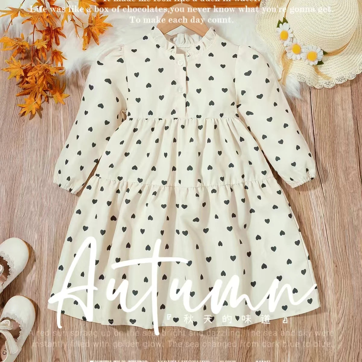 New Fall Girls' Dresses Stylish Black Heart Print Dress for Young Girls Princess-Style Loose Fit with Waist Cinching Flattering