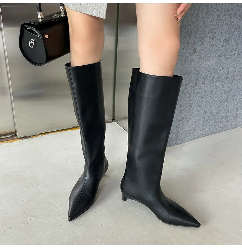 2025 new Autumn Winter Long boots Cosy Pointed Toe Woman Knee-High Boots Slip-On Low Thin Heels Cowboy Ladies Shoes Botas Mujer