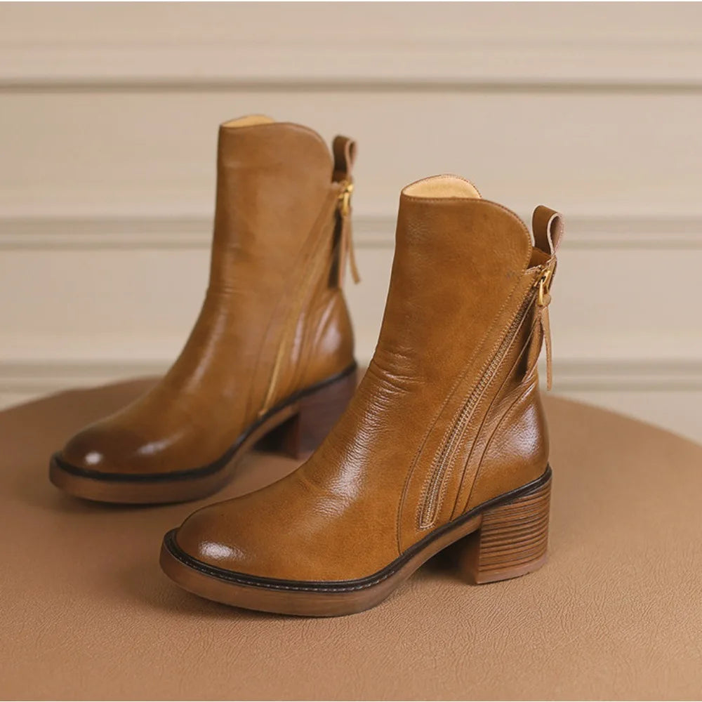Women's Boots 2025 Spring and Autumn New Chelsea Boots Thick Heel Brown Short Leather Shoes for Women High Heels platform shoes