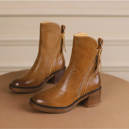 Women's Boots 2025 Spring and Autumn New Chelsea Boots Thick Heel Brown Short Leather Shoes for Women High Heels platform shoes