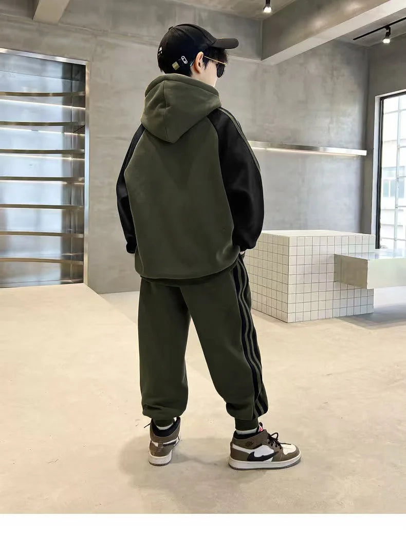 2025 winter autumn Boys Clothes Set cotton Velvet Sweatshirt hooded + Pants Tracksuits Kids Suit Children 4 8 9 10 11 12 14 Year