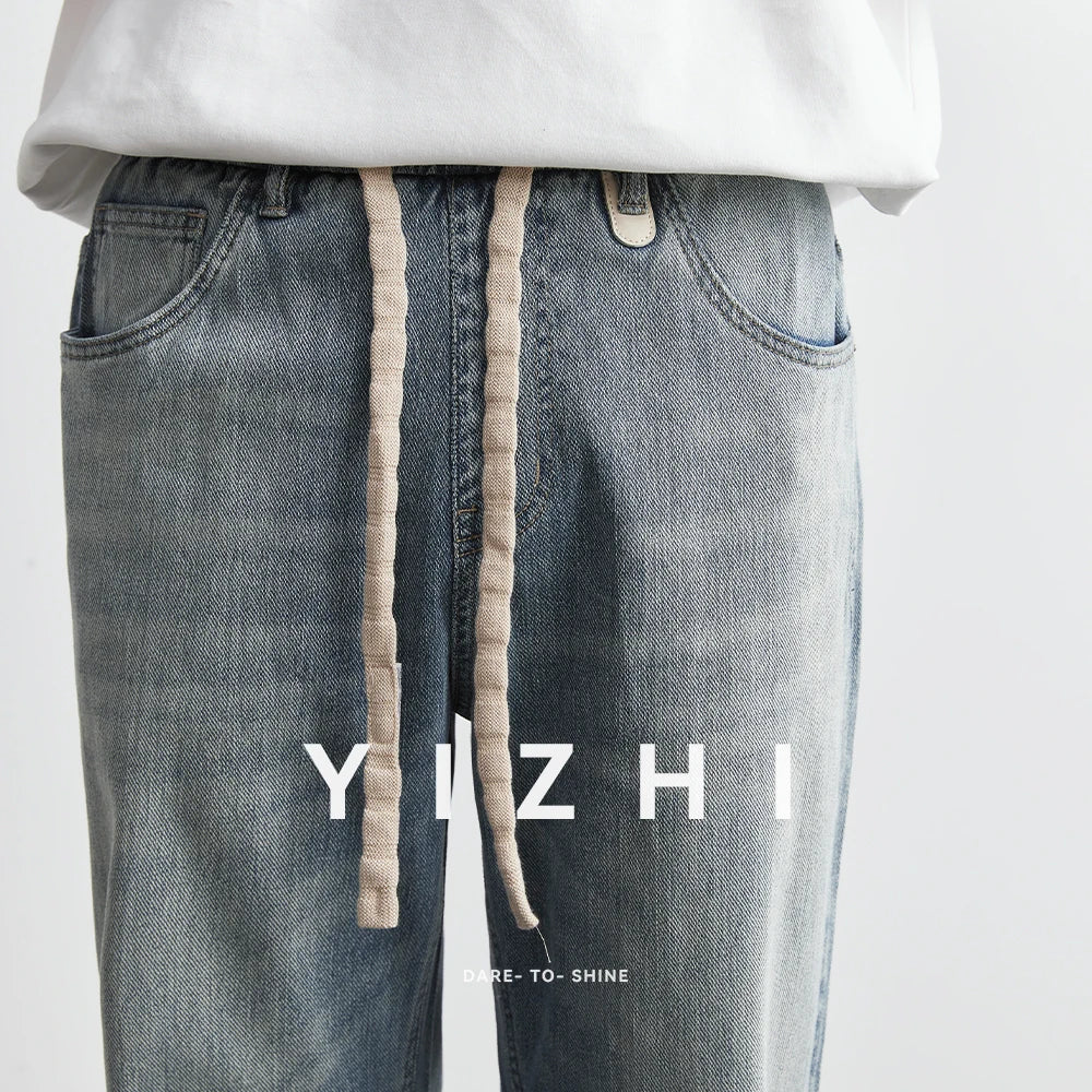 Men's Japanese Retro Jeans 2025 Summer New Fashion Personality Straight Elastic Waist Straight Jeans Loose Casual Jeans Pants