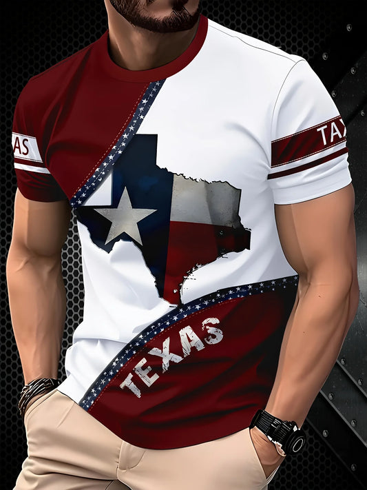 1pc Men'S Casual Novelty T-Shirt,Texas Flag Print,Crew Neck,Polyester Knit Fabric with Slight Stretch,Regular Fit