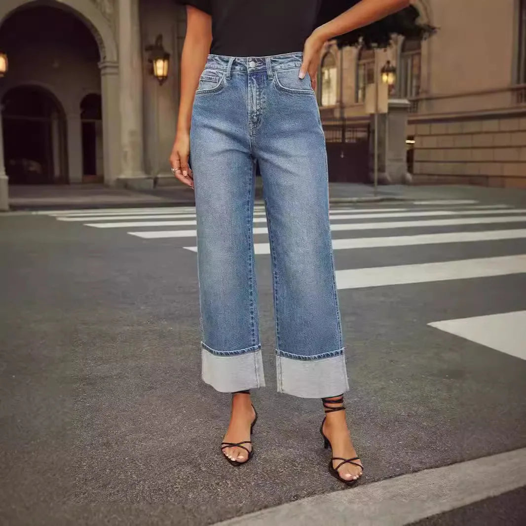 Fashion Street Loose Curly Hem Nine-quarter Jeans, Women's Autumn and Winter New Comfortable and Casual Straight-leg Jeans Y2k