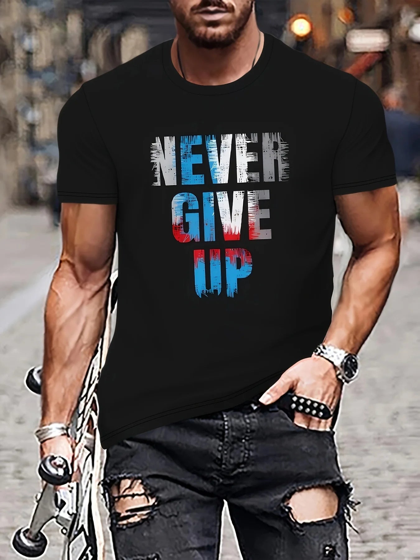 Men's T-shirt Letter Never Give 3D Printing Casual Short Sleeve T Shirts Oversized Men T-shirt Clothing Tops Outdoor Streetwear