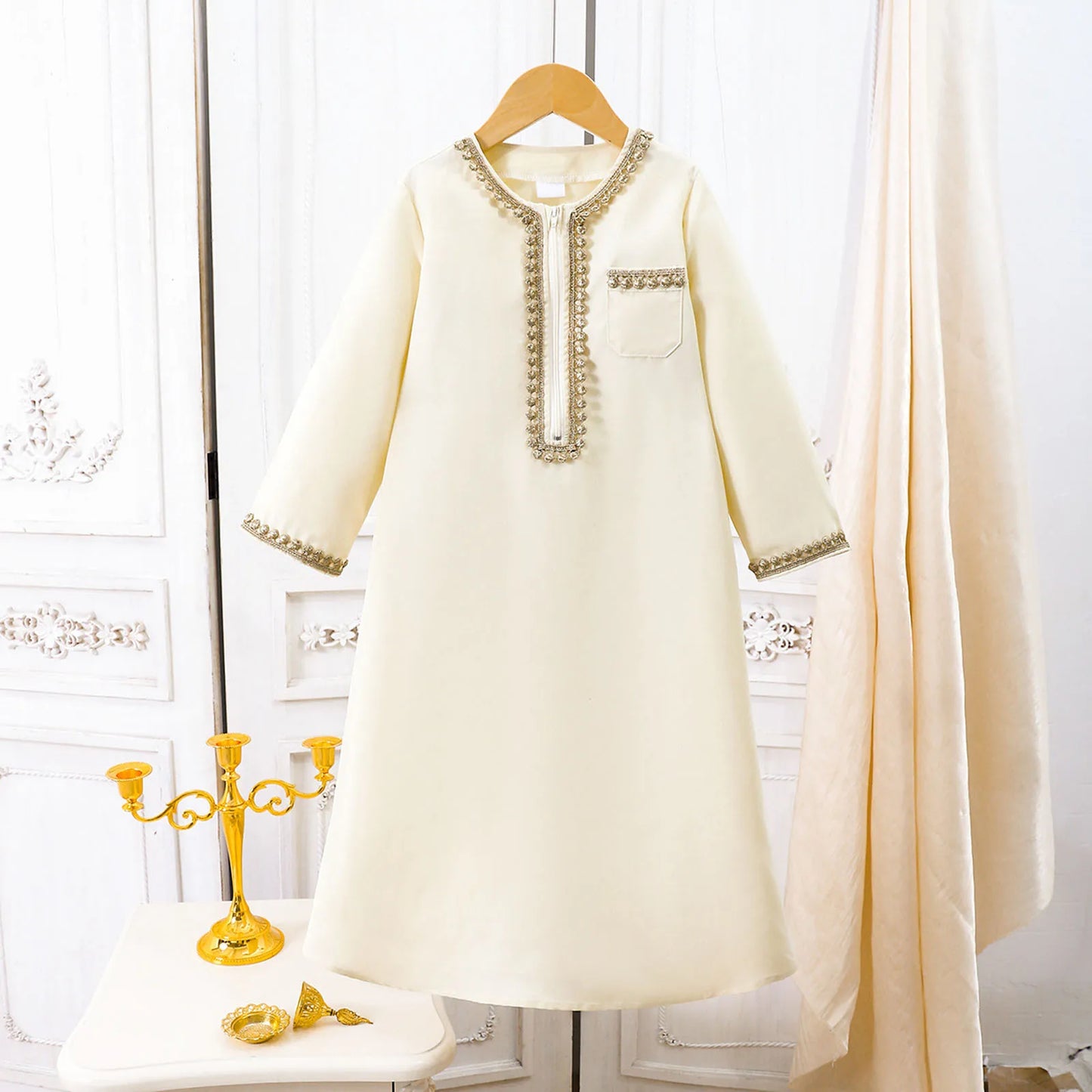 Muslim Boys Robe Kids Arabic Islamic Abaya Kaftan Prayer Clothing Long Sleeve Embroidered Zipper Gown Top Ramadan Eid Thobe