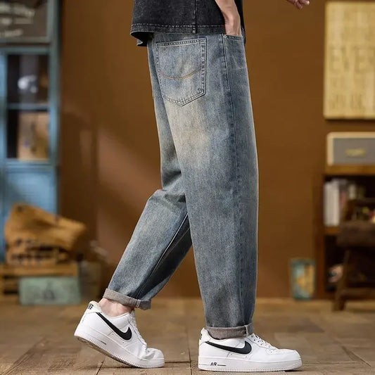New Vintage Jeans Men's Slim Fit Embroidered Straight  Trendy Denim Pants High Waist Elastic Waist Breathable men's baggy pants