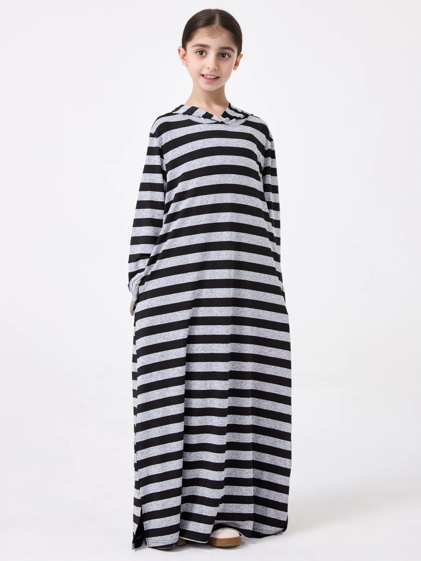 Middle Eastern Muslim Kids Abaya Girl Dress With Striped V-neck Hood