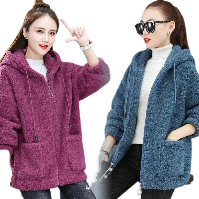 Lamb Velvet Hoodie Women's Thickened Fleece Teddy Velvet Loose Autumn Winter Korean Style Zipper Cardigan 082